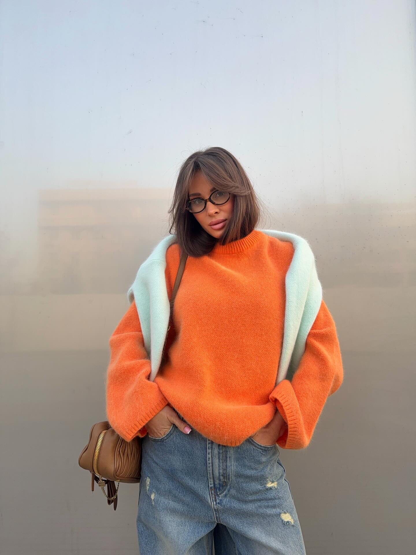 Womens Oversized Knit Sweater Round Neck Faux Mink Fabric Long Sleeve Casual Style Perfect for Spring and Autumn