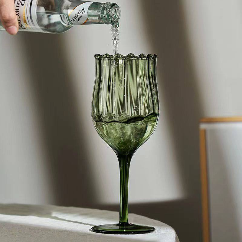 Green Lace Red Wine Glass French Vintage Tall Glass Corrugated Mid-Ancient Style Champagne Glass Human Flowering Niche