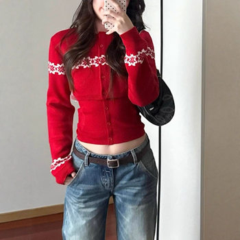 Anna Cute Fair Isle Snowflake Knit Short Cardigan + Slim-Fit Tie-Up Camisole Two-Piece Set