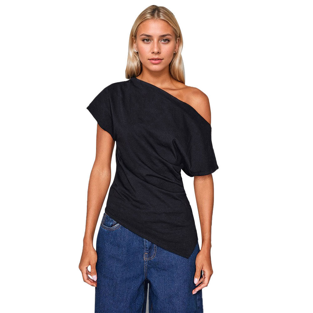 Off Shoulder Slim Fit T Shirt Short Sleeve Asymmetrical Neckline Spring Summer Style Wholesale Available