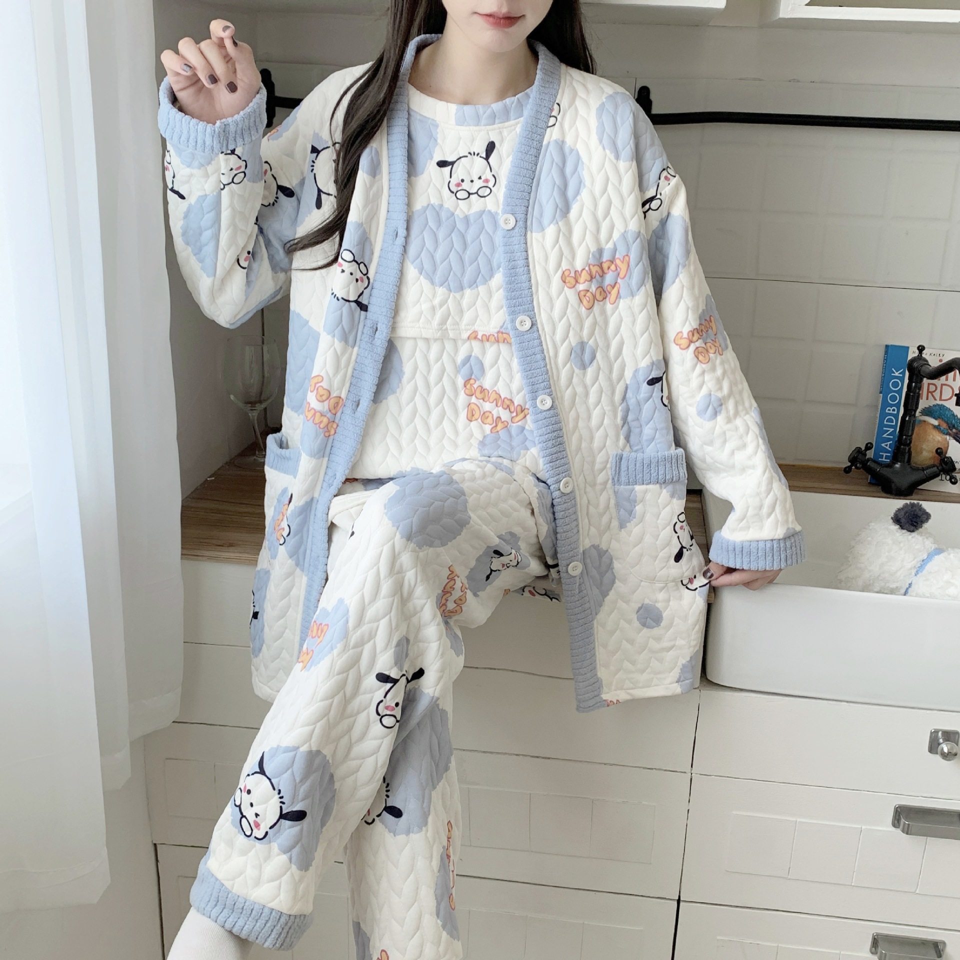 Postpartum Clothing November 12 Autumn and Winter Postpartum Breastfeeding Three-Piece Set Air Cotton Maternity Pajamas Winter Lactation Period
