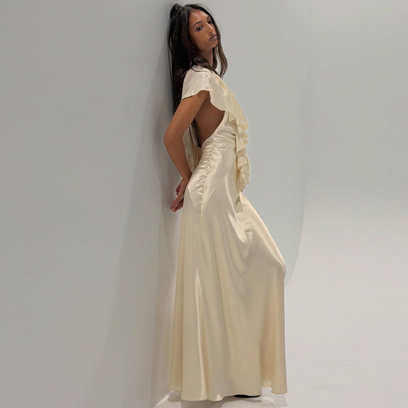 Womens Autumn Dress Ruffled Hem Sexy V Neck Backless Fitted Bodycon Elegant Evening Wear OEM Available