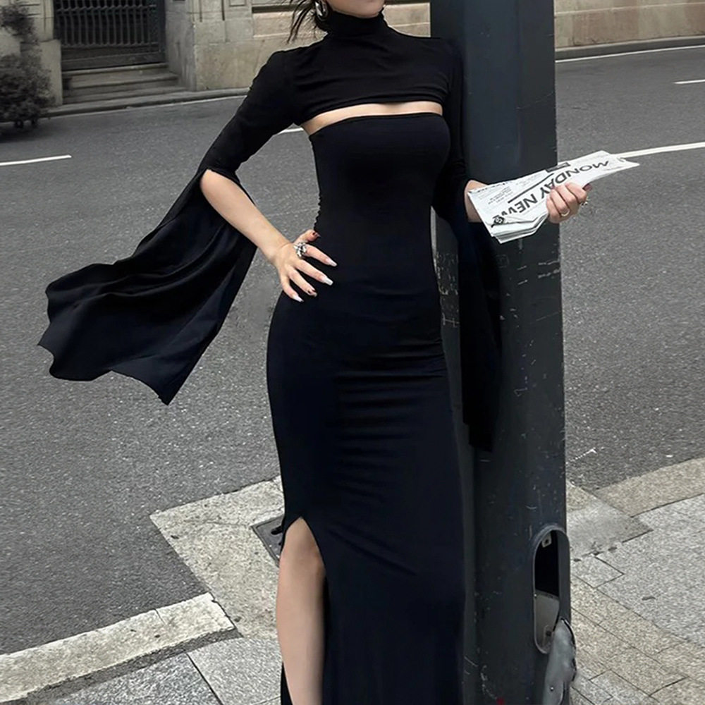 Black Fishtail Dress Slim Fit High Neck Hollow Out Side Split Elegant Evening Wear Wholesale Available