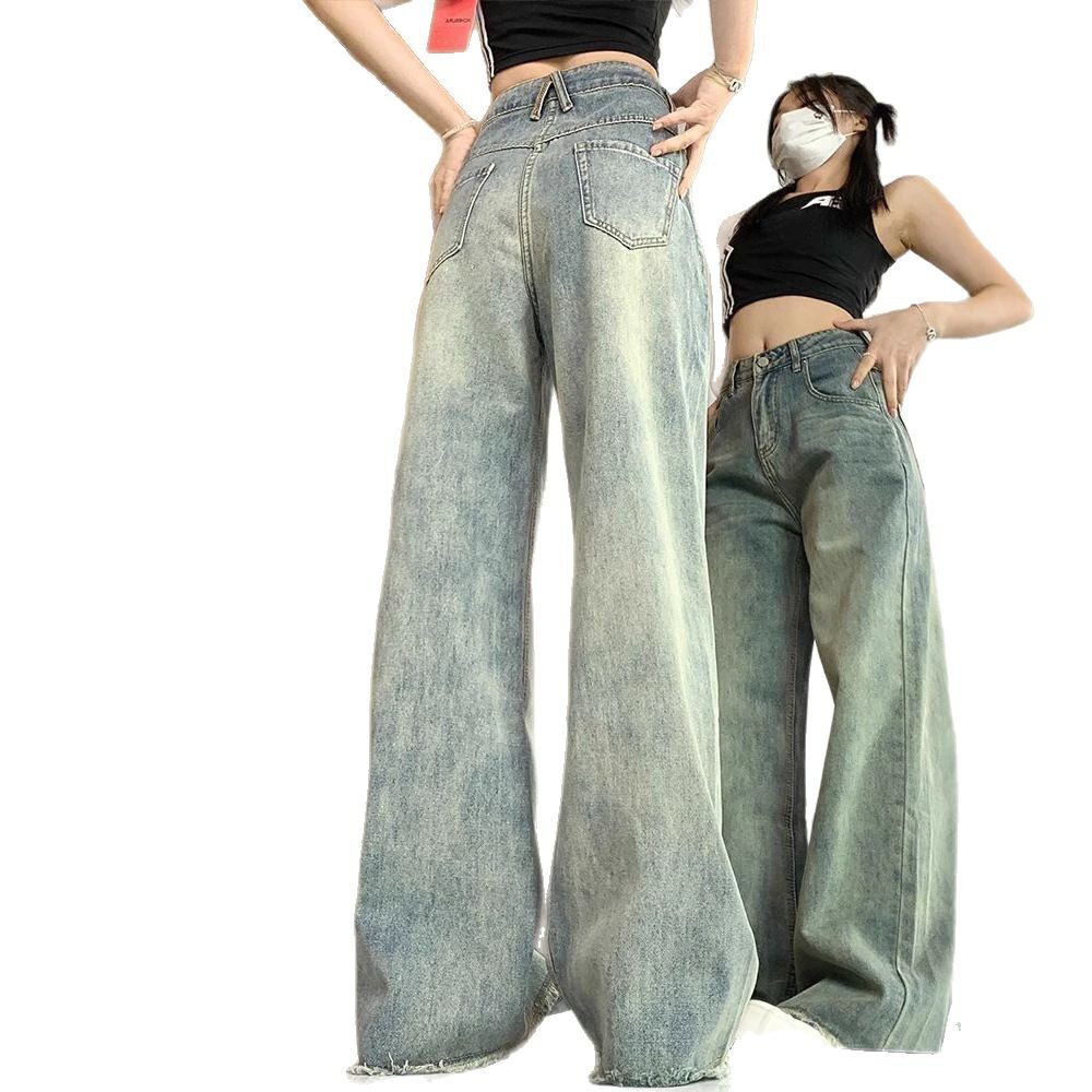 High Waist Loose Fit Vintage Wash Denim Trousers for Women Casual Wide Leg Design Available in Blue and Black Wholesale