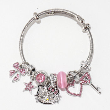Cross-border Panjia Hello Kitty Bracelet Stainless Steel Open Hand Ring Kitty Cat Big Hole Beads DIY Hot Selling Bracelet Wholesale