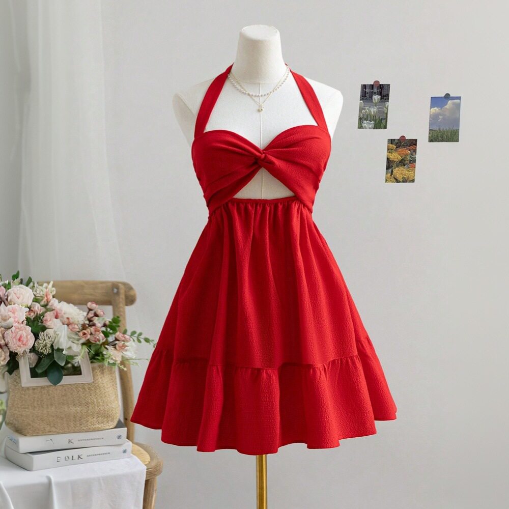 Red Backless Mini Dress Sexy Halter Neck Summer Fashion Lightweight Fabric Perfect for Parties and Night Out