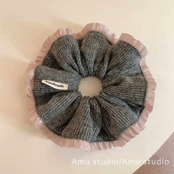 Korean-Style Gray Wool Knit Large Scrunchie for Women, Elegant Bun Hair Tie, Low Ponytail Hair Rope