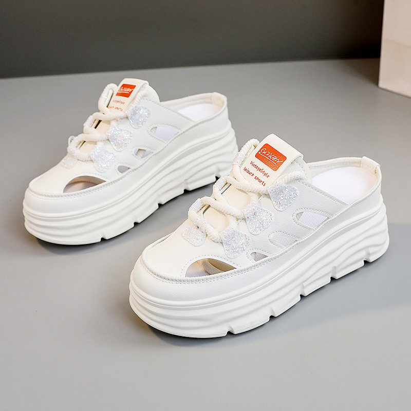 W3650 New Half-Slip Women's 2024 Summer Cut Out Heightening White Shoes Thick-Soled Casual Shoes Women's Sandals Breathable