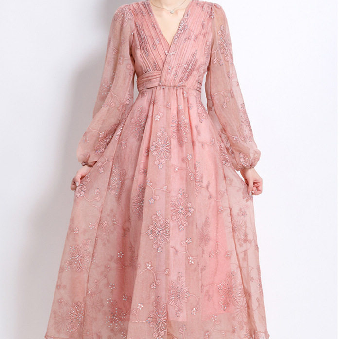 French Style Embroidered Sequin V Neck Lantern Sleeve Waist Defined Maxi Dress for Women Slim Fit Autumn Collection Wholesale