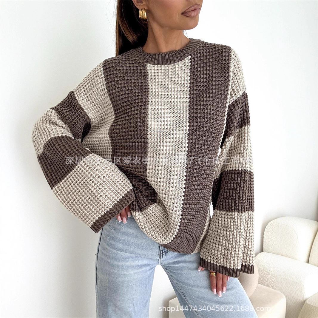 2025wish秋冬女装欧美休闲时尚宽松长袖拼色套头新款毛衣女3色