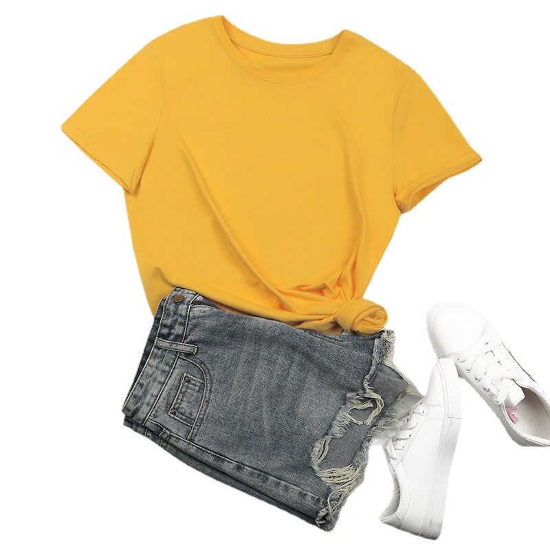 Womens Basic Round Neck Short Sleeve T Shirt 100 Cotton Solid Color Summer Style Wholesale Available