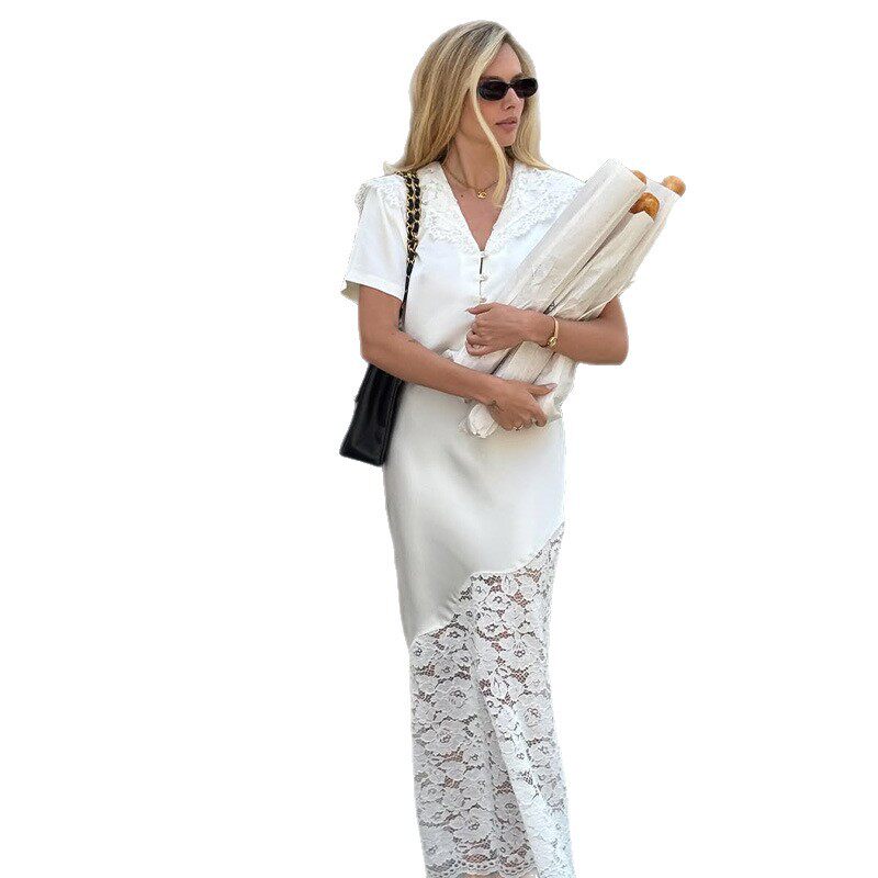 High Waisted Satin Lace Panel Skirt Elegant Design Slim Fit Versatile Solid Color Perfect for Summer Events