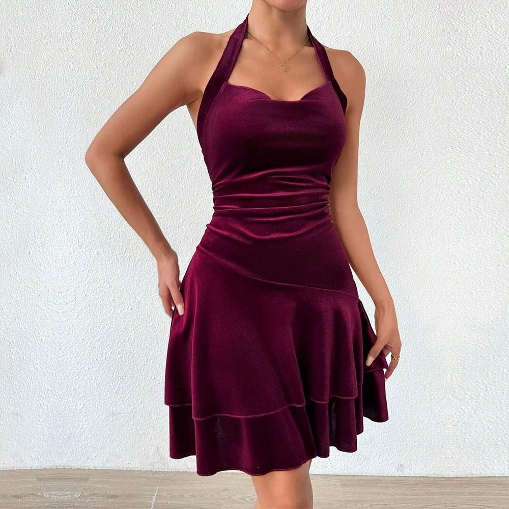 Velvet Halter Mini Dress Sexy Elegant Comfortable Spring Summer Party Wear Wholesale Available