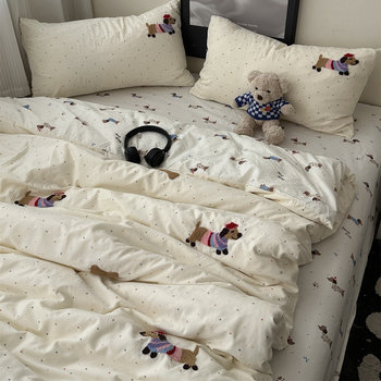 Class a Cream Korean Girly Heart Ins Towel Embroidered Washed Cotton Four-Piece Set Student Dormitory Three-Piece Set Bed Sheetss and Fitted Bed Sheetss