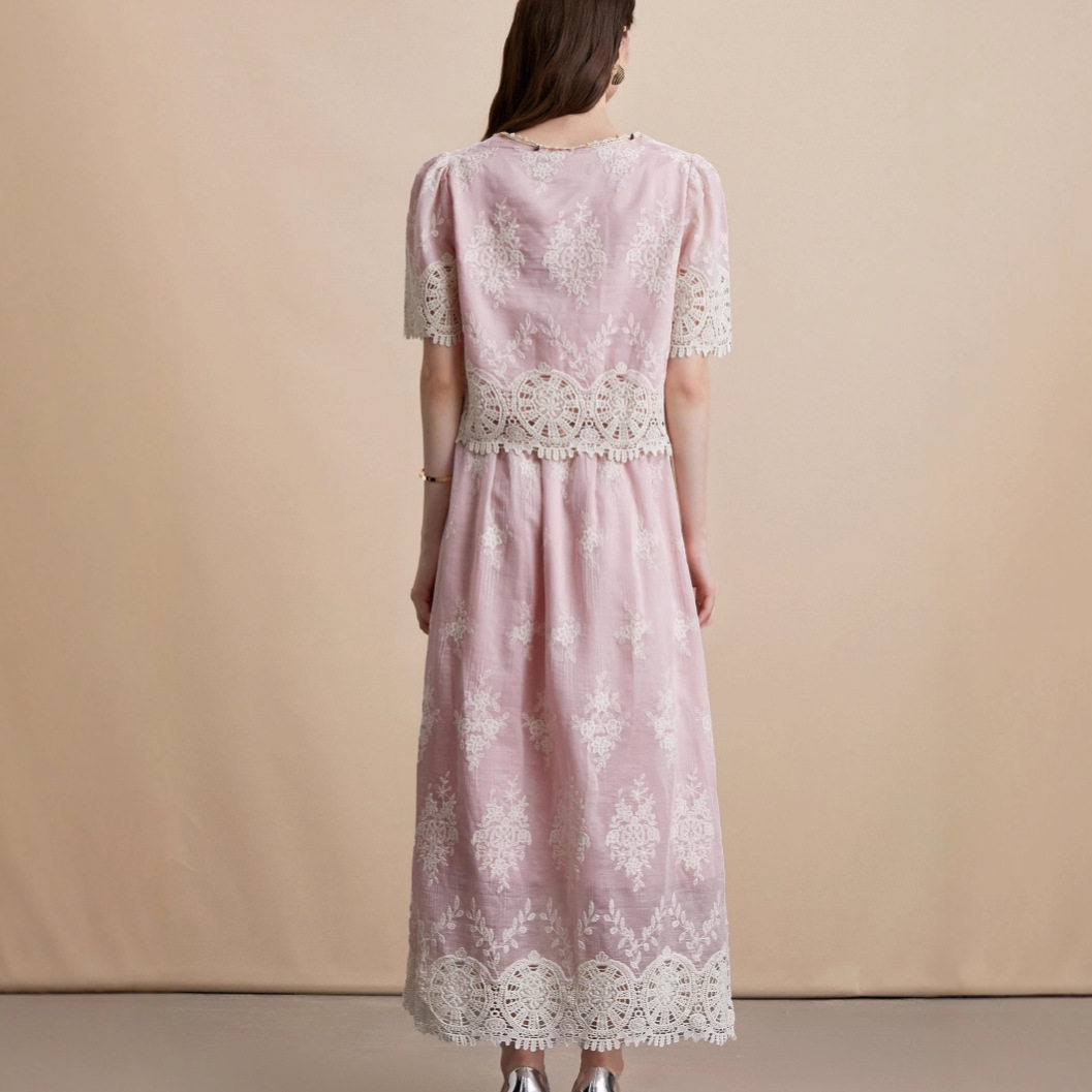 Vintage Ethnic Style Hollow Out Crochet Design Womens Summer Set Short Sleeve Shirt High Waist Slimming Skirt Casual