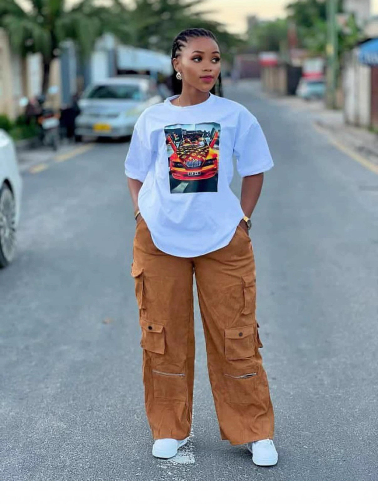 2025 Ready-Made New Hip-Hop Slimming Loose Casual Wide-Leg Cargo Pants and Heat-Printed Tops Two-Piece Set
