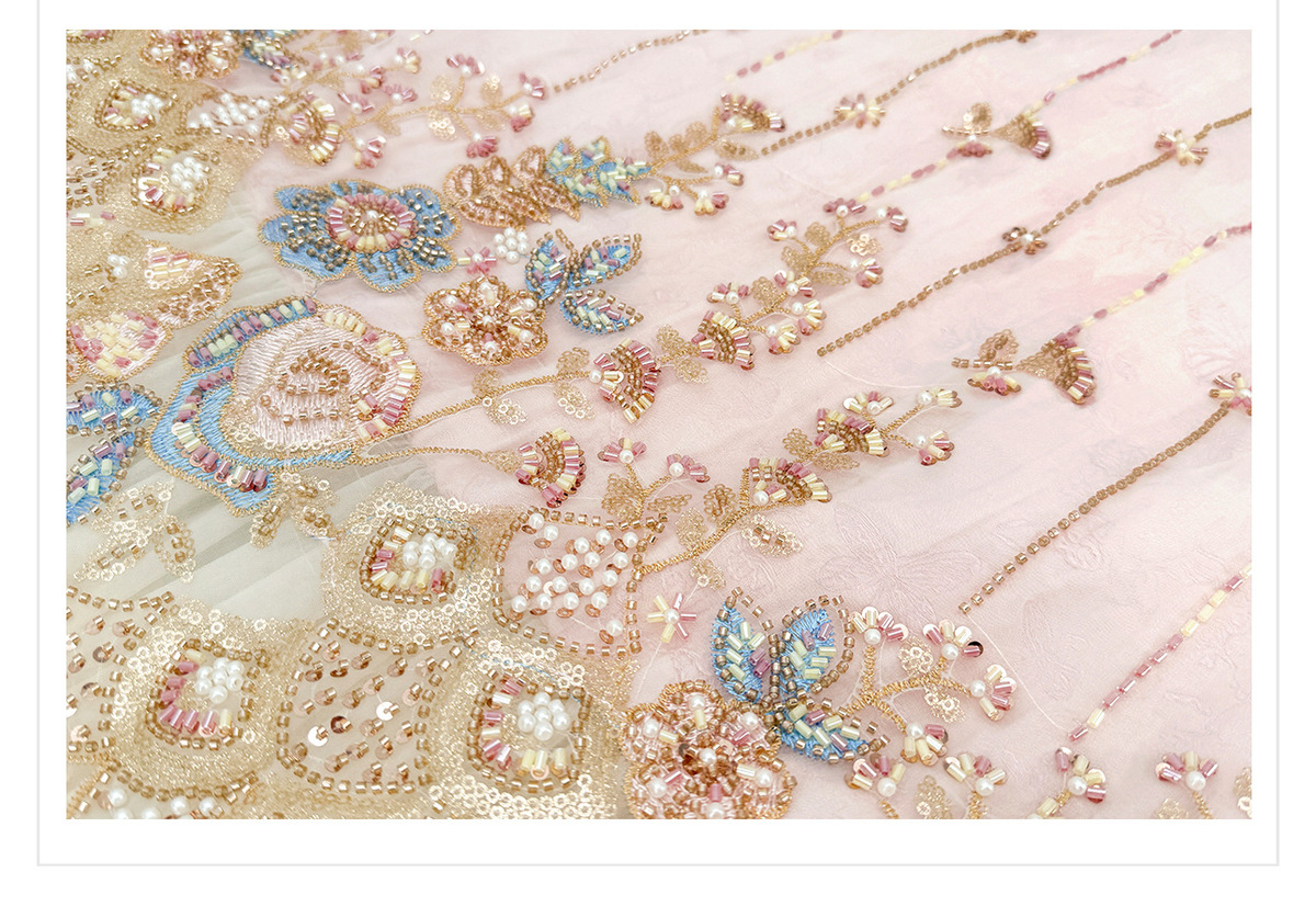 Đầm dài nữ thêu đính sequin phối ren tay cánh tiên dáng chữ A — Màu hồng nhạt