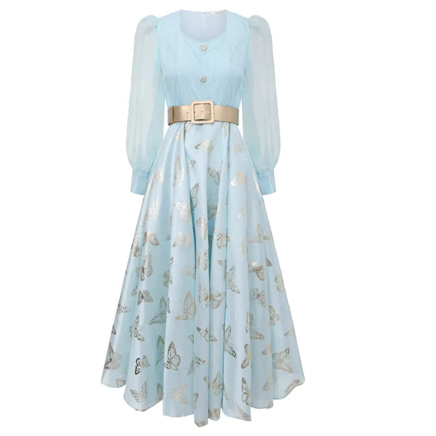 Sweet Princess Style Long Sleeve Dress Mesh Panel Square Neck Waist Tie Flared Skirt Elegant Evening Gown