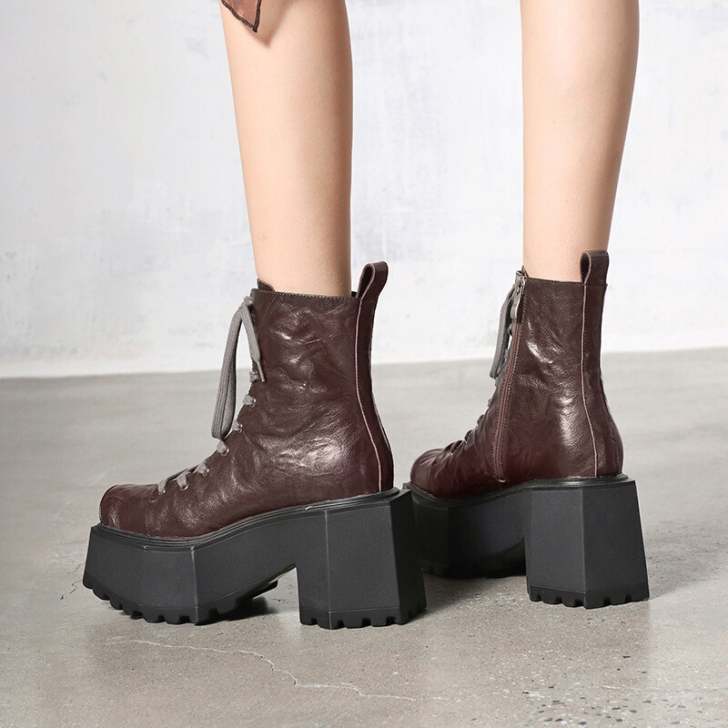 Boot Martin nữ đế dày 9cm mũi vuông gót thô tăng chiều cao — Màu đen lót một lớp, Màu đen lót nhung, Màu nâu lót một lớp, Màu nâu lót nhung