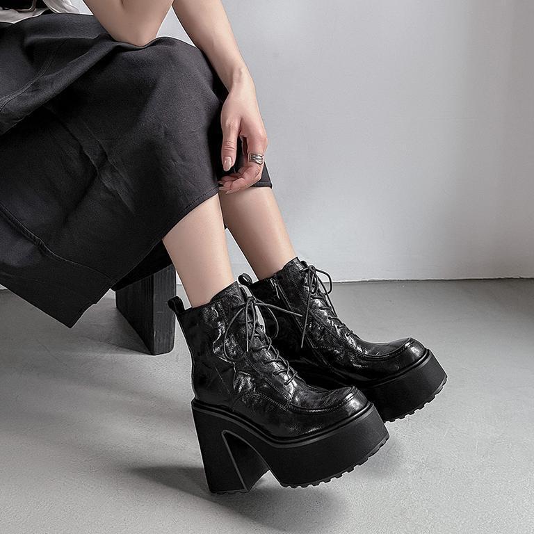 Boot Martin nữ da cừu thắt dây gót cao 11.5cm đế dày — Da đen, da màu nâu, Lớp lót nhung đen, Nhung nâu