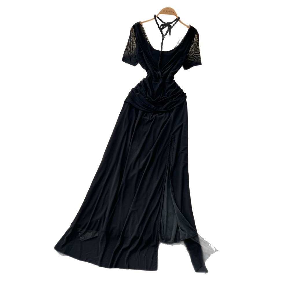 French Elegant V Neck Short Sleeve Dress Summer Slim Fit Waist Defining Sheer Long Skirt Perfect for Office Wear