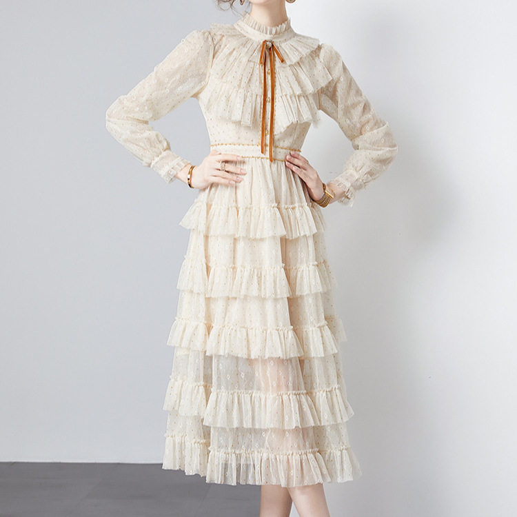 Elegant Long Sleeve A Line Dress High End Lightweight Fabric Waist Defining Sheer Mesh Cake Style Perfect for
