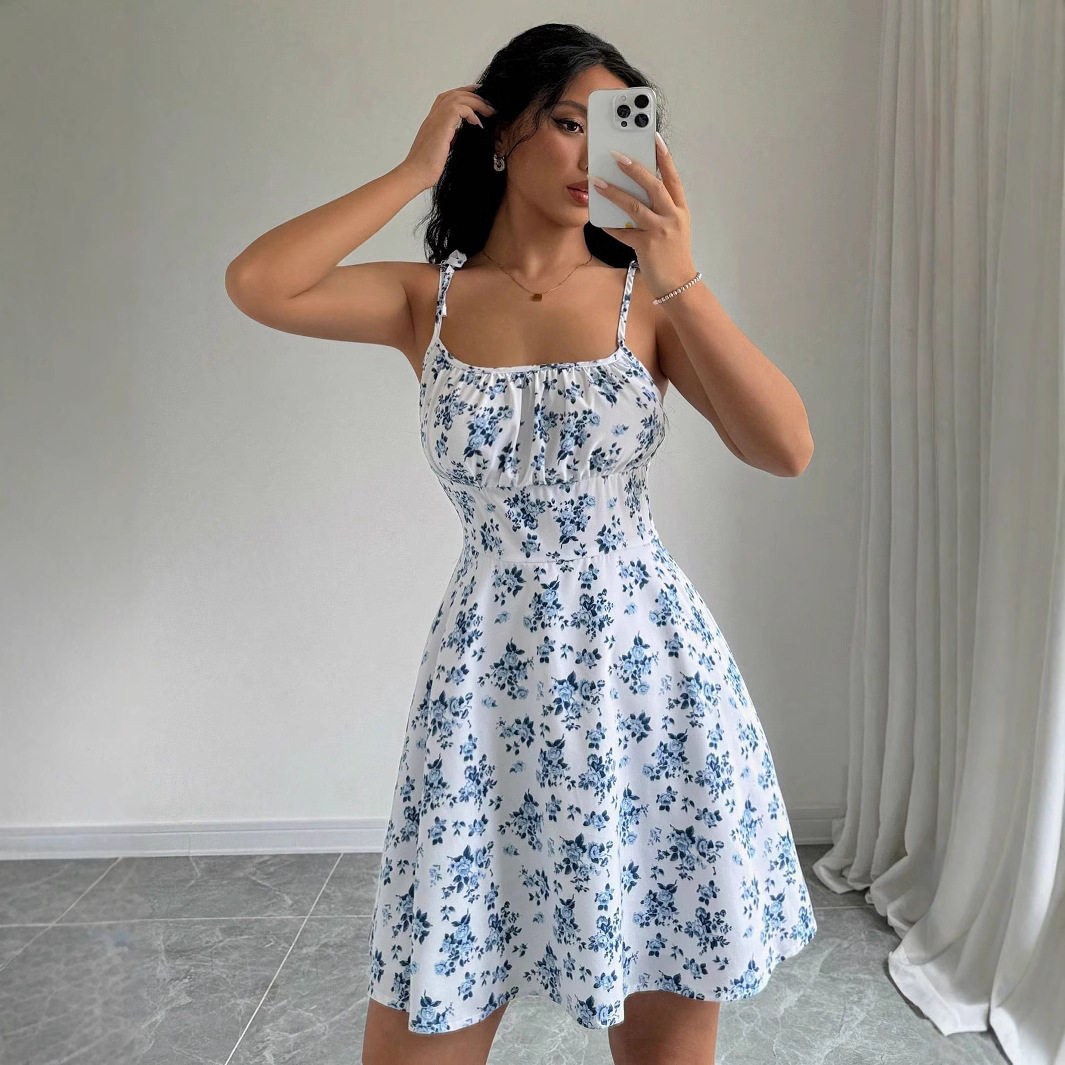 Floral Print Short Dress Summer Style Square Neck Sleeveless Lightweight Fabric Perfect for Casual Outings