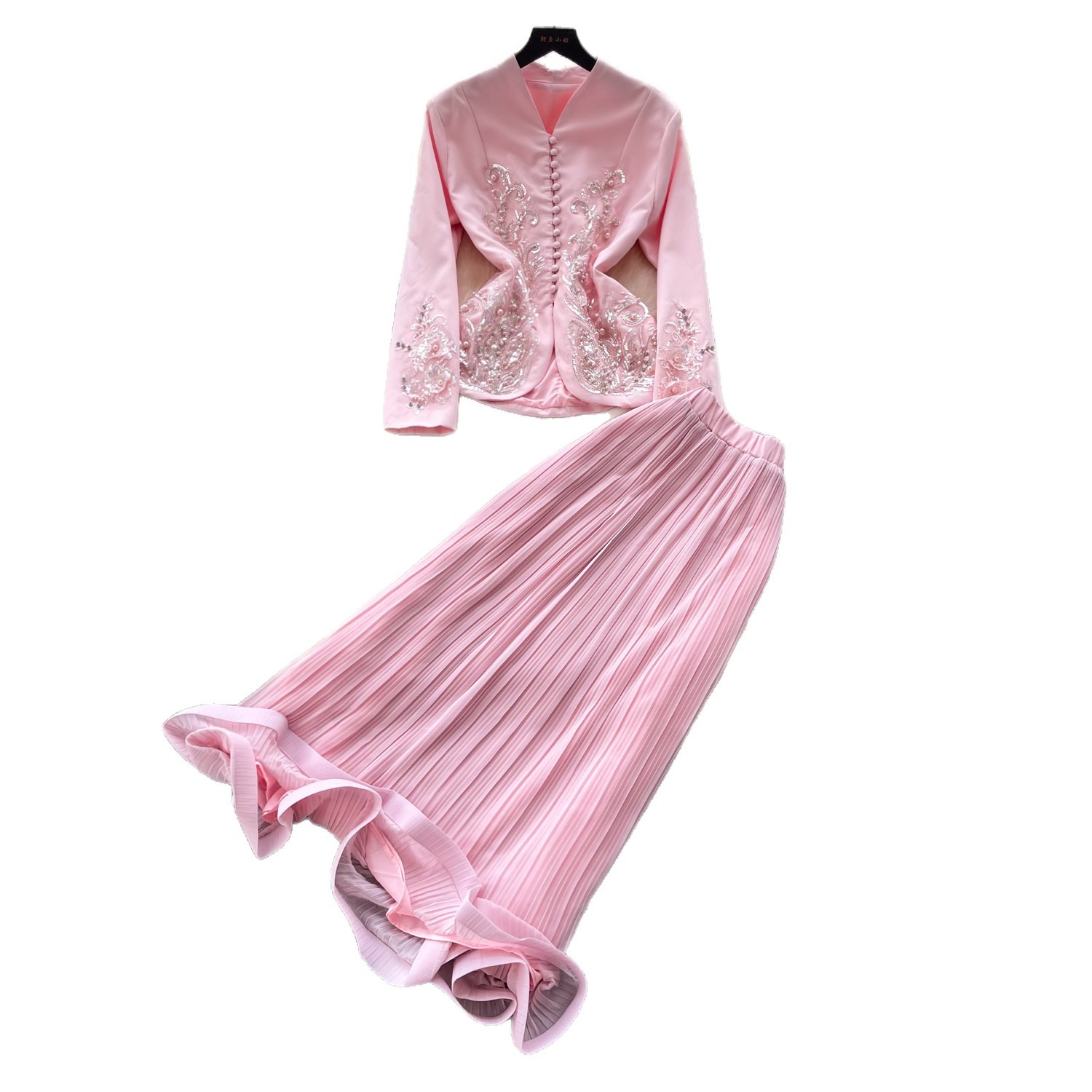 French Style V Neck Embroidered Jacket with High Waisted Pleated Skirt Elegant Lightweight Two Piece Set for Spring and