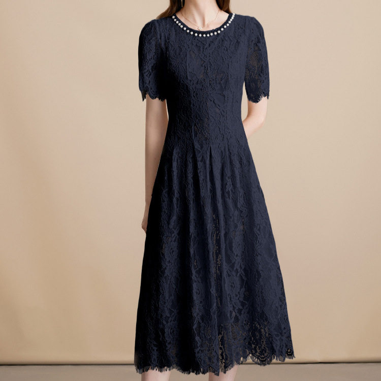 French Elegant Beaded Lace Dress Short Sleeve Round Neck Slim Fit High Quality Fabric Cocktail Party or Evening