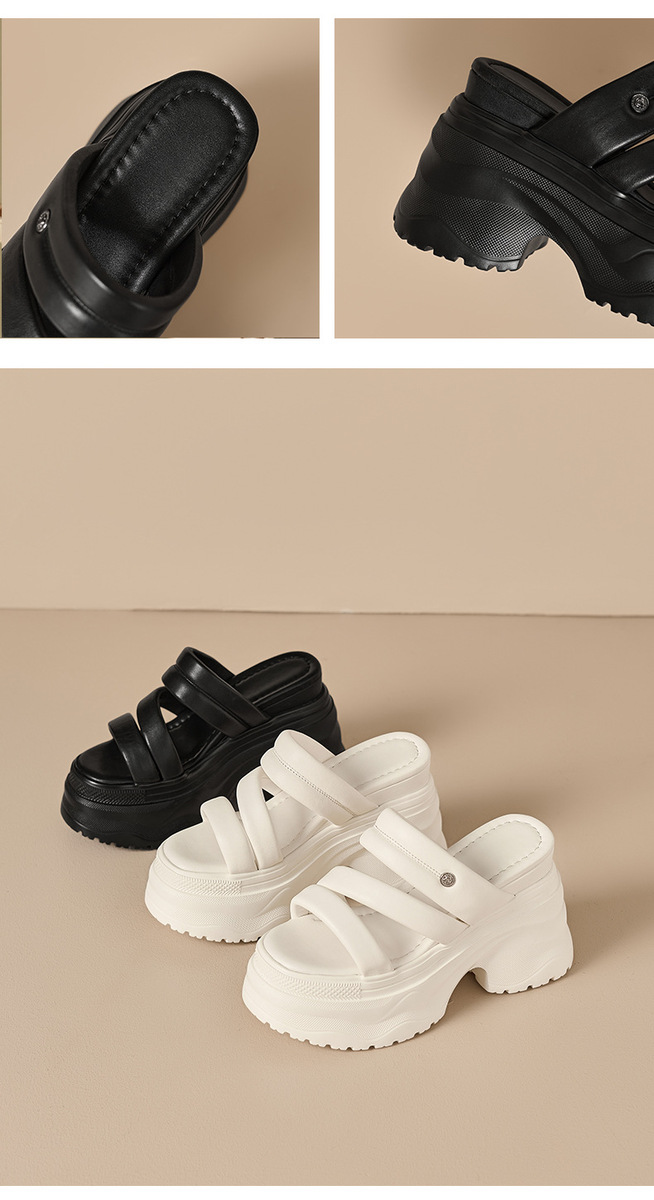 Sandal nữ quai ngang da bò đế dày gót 9cm tăng chiều cao, mũi tròn hở ngón phong cách năng động — màu đen, Màu trắng ngà-