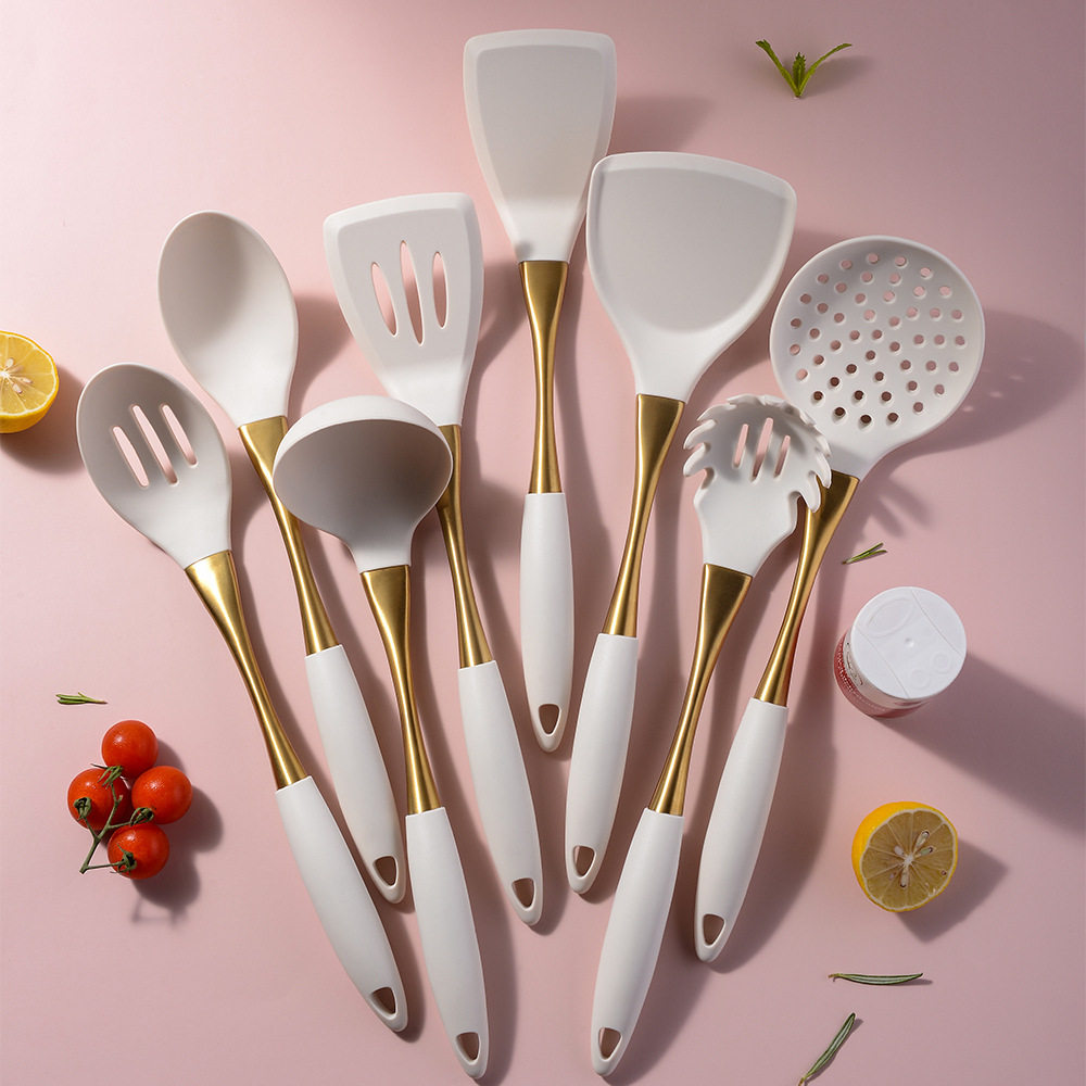 Cross-Border gold-plated handle silicone kitchenware 304 stainless steel silicone kitchenware 8-piece kitchen cooking spatula tool