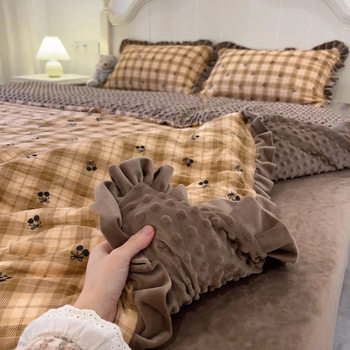 Maternal and Infant Class a Pure Cotton Double-Layer Gauze Plus Baby Velvet Four-Piece Set, Thickened for Warmth, Machine Washable, Close-Fitting for Sleeping Naked, Three-Piece Set