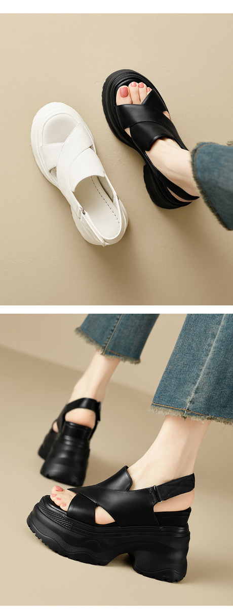 Sandal La Mã nữ quai ngang hở mũi đế dày tăng chiều cao, khóa dán tiện lợi — Màu đen, Màu trắng