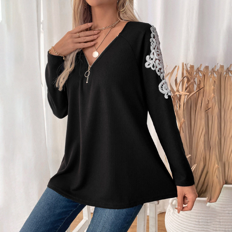Casual Black T Shirt Embroidered Long Sleeve Drop Shoulder Autumn Wear Wholesale Available