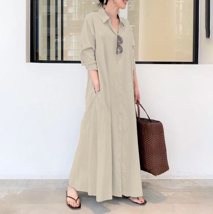 Cotton Linen Long Sleeve Shirt Dress Solid Color Pocket Design Loose Fit Casual Everyday Wear Ready to Ship