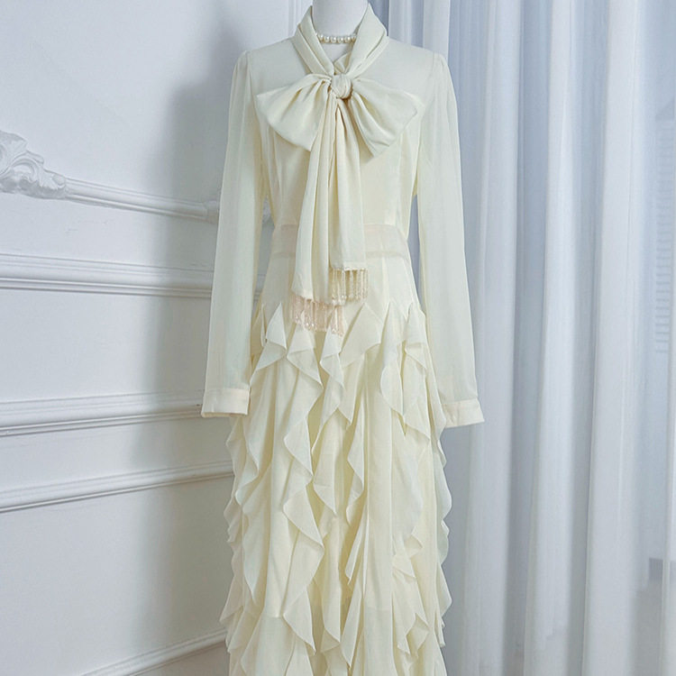 French Elegant Long Sleeve Dress with Bow Tie Ruffled Hem Waist Cinching Design Autumn Fashion for Women Wholesale