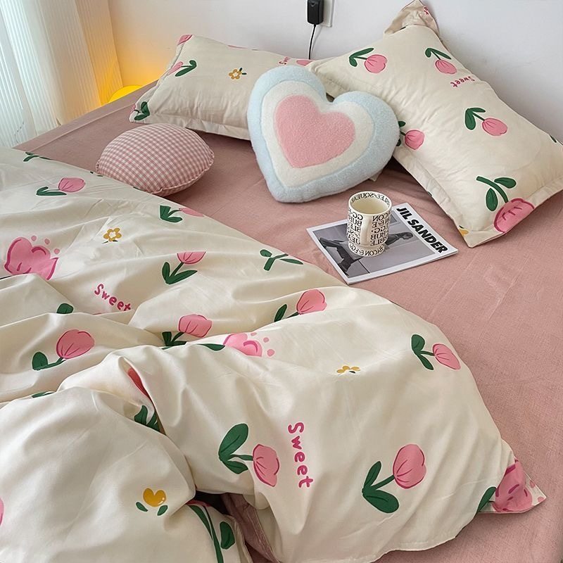 Ins Washed Cotton Bed Linen Four-piece Set Student Dormitory Quilt Cover Three-piece Set Single 1.5 Two-piece Set
