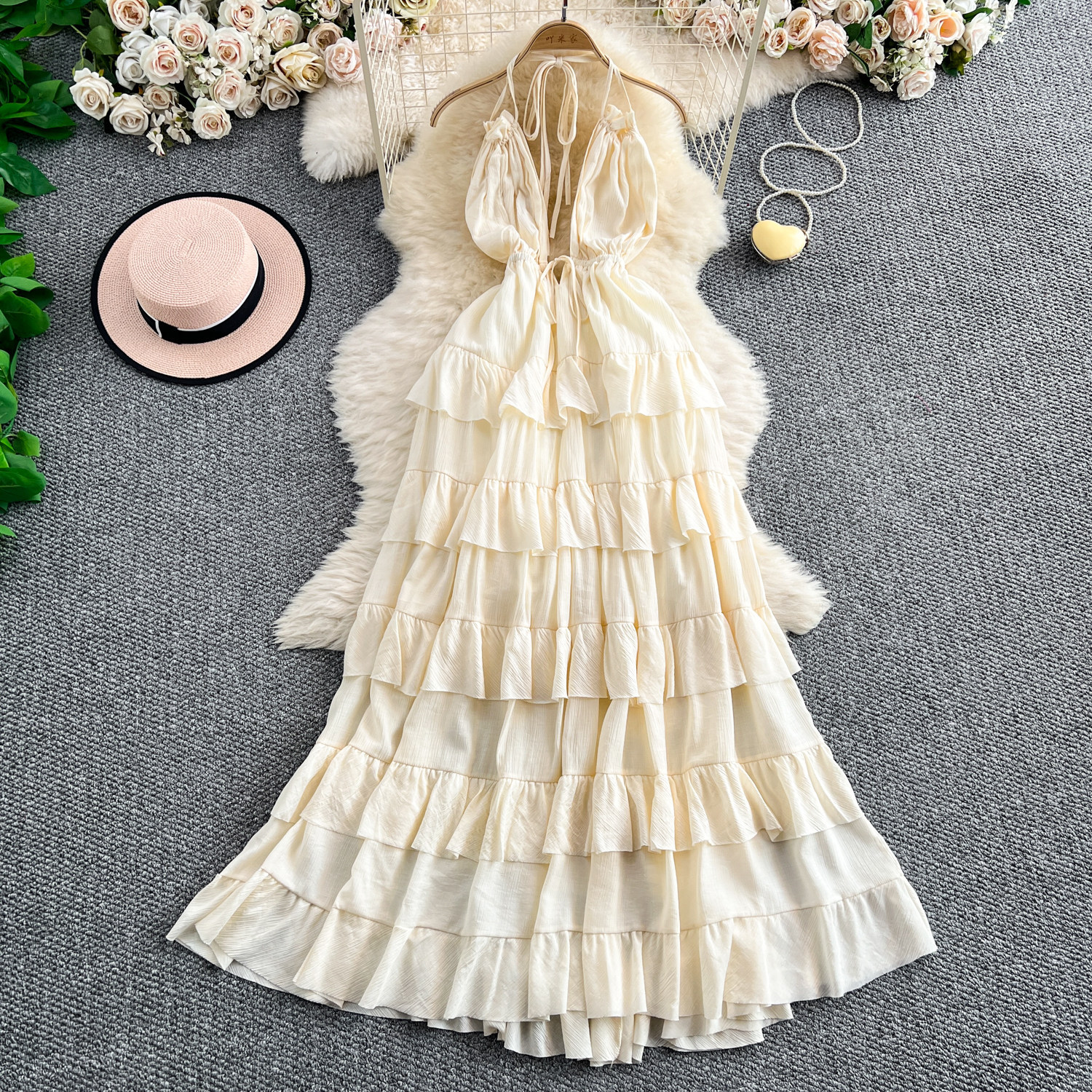 Summer Womens Maxi Dress Elegant Deep V Neck Halter Neck Waist Tie Cake Style Perfect for Parties and Special