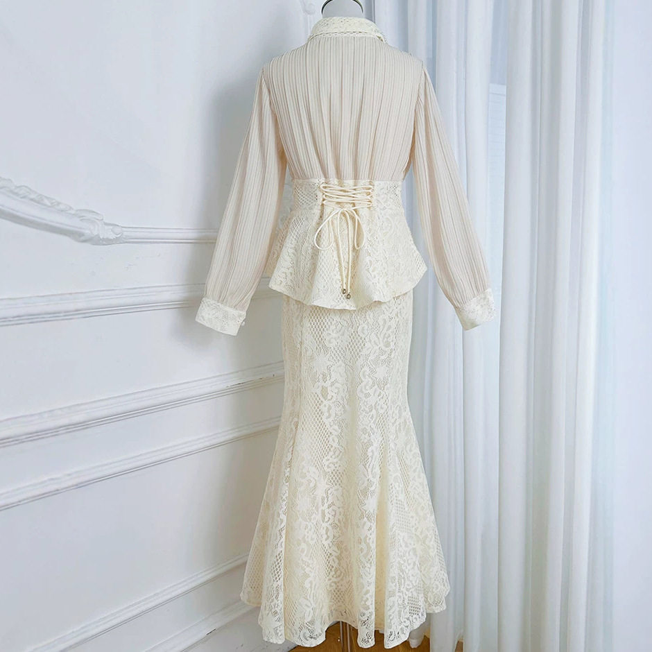 Chiffon Top with Lace Skirt Set Elegant Beaded Jacket Mermaid Hem Chic Design Perfect for Parties and Special