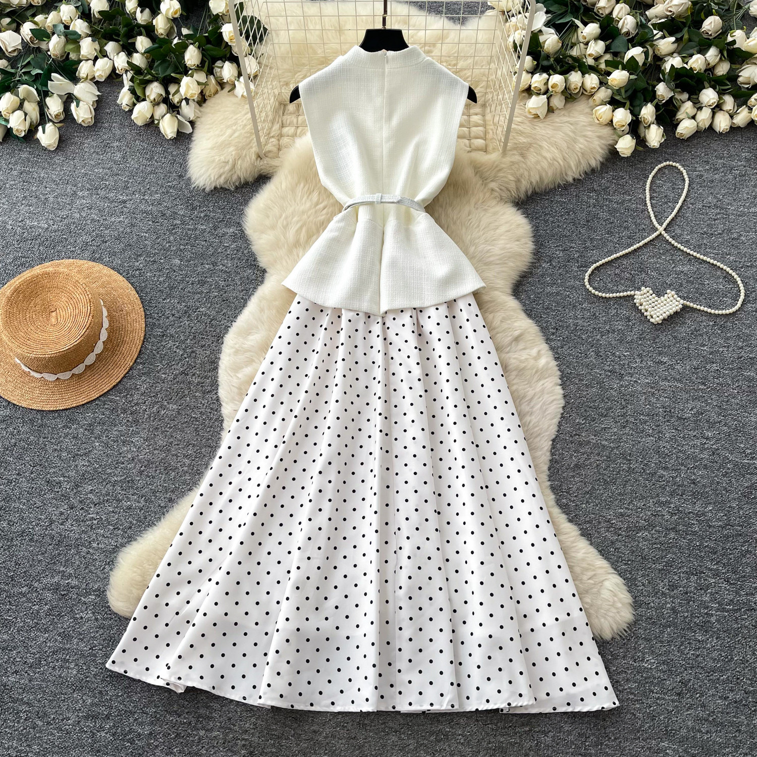 Sleeveless Polka Dot Dress Slim Fit Belted Button Closure Elegant Summer A Line Style Wholesale Available