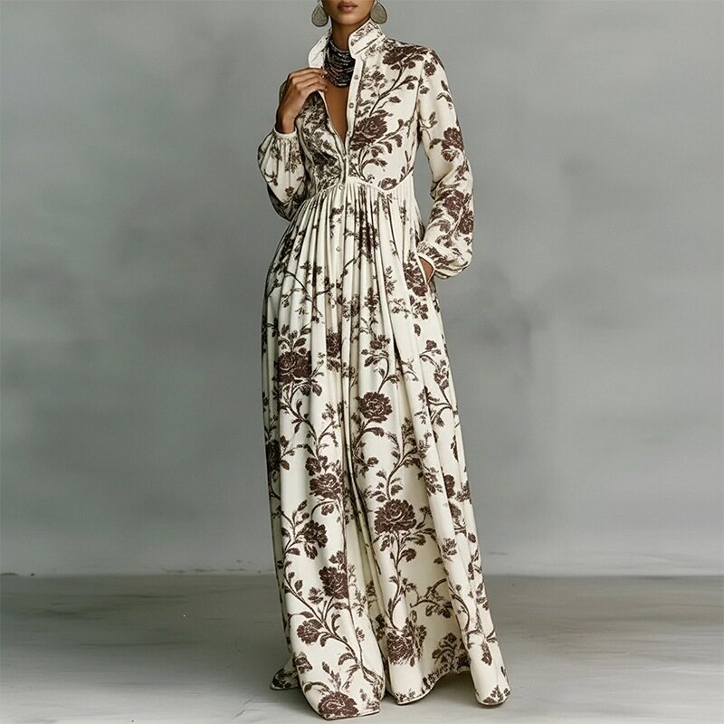 French Style Elegant Casual Loose Printed Maxi Dress Lightweight Fabric Floral Design Perfect for Spring Summer