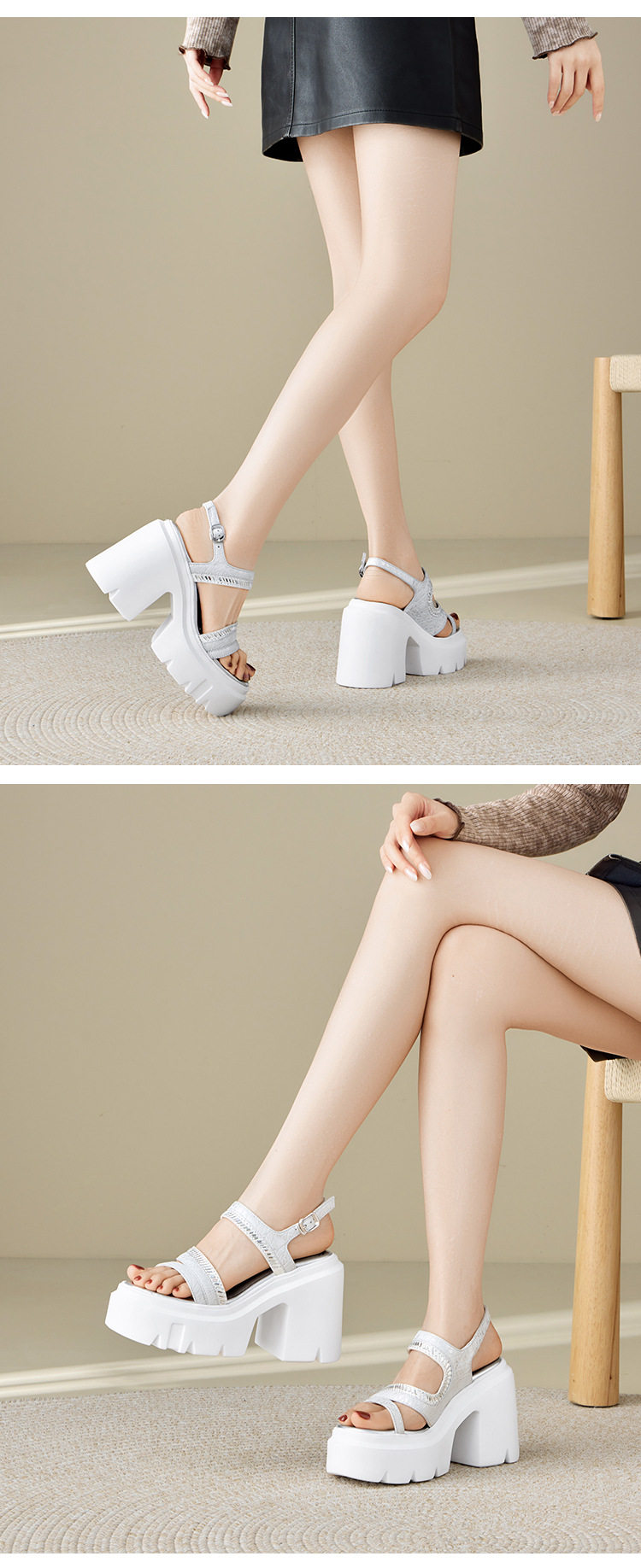 Sandal cao gót nữ hở mũi đế platform 12 cm, quai ngang đính đá — Xám, Áo khoác sáng, Bạc chi tiết 9