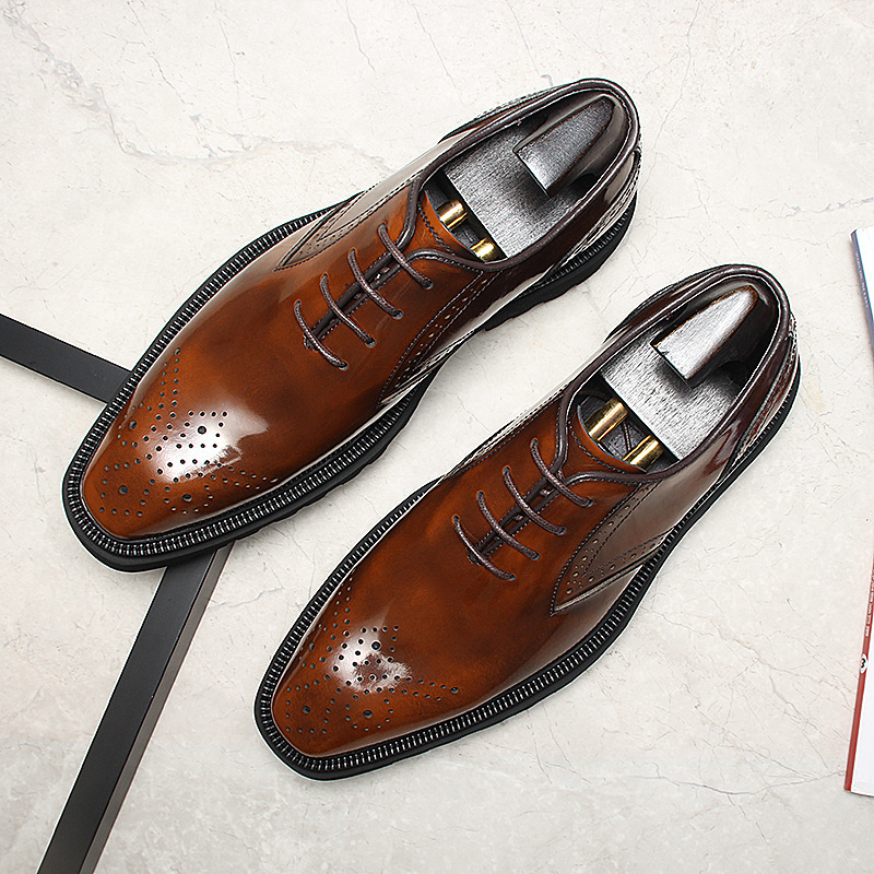 Giày da nam buộc dây đế dày họa tiết brogue mũi vuông — đen, màu