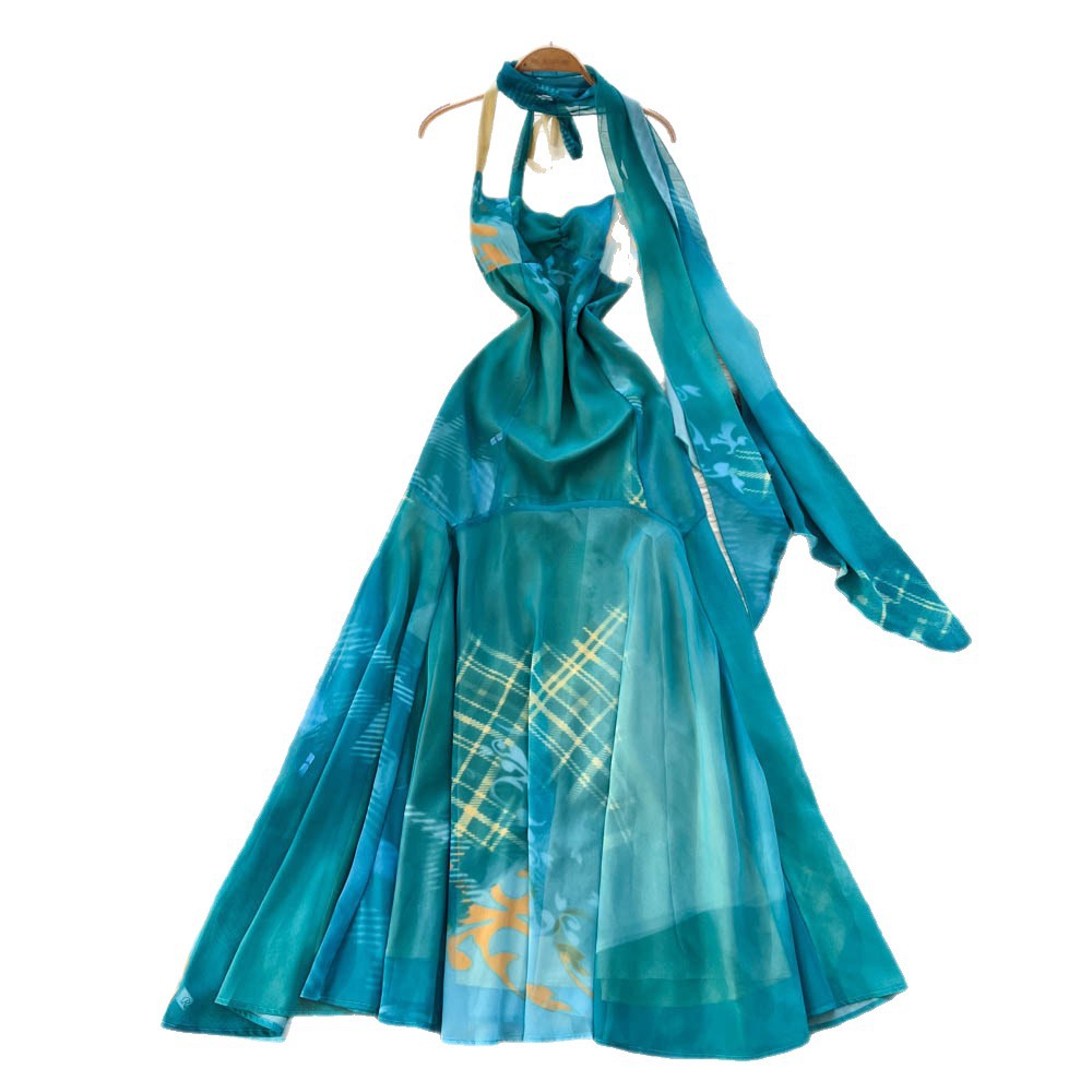Blue Gradient Sleeveless Dress High End Quality Waist Defining Slim Fit Vacation Wear Stylish and Elegant