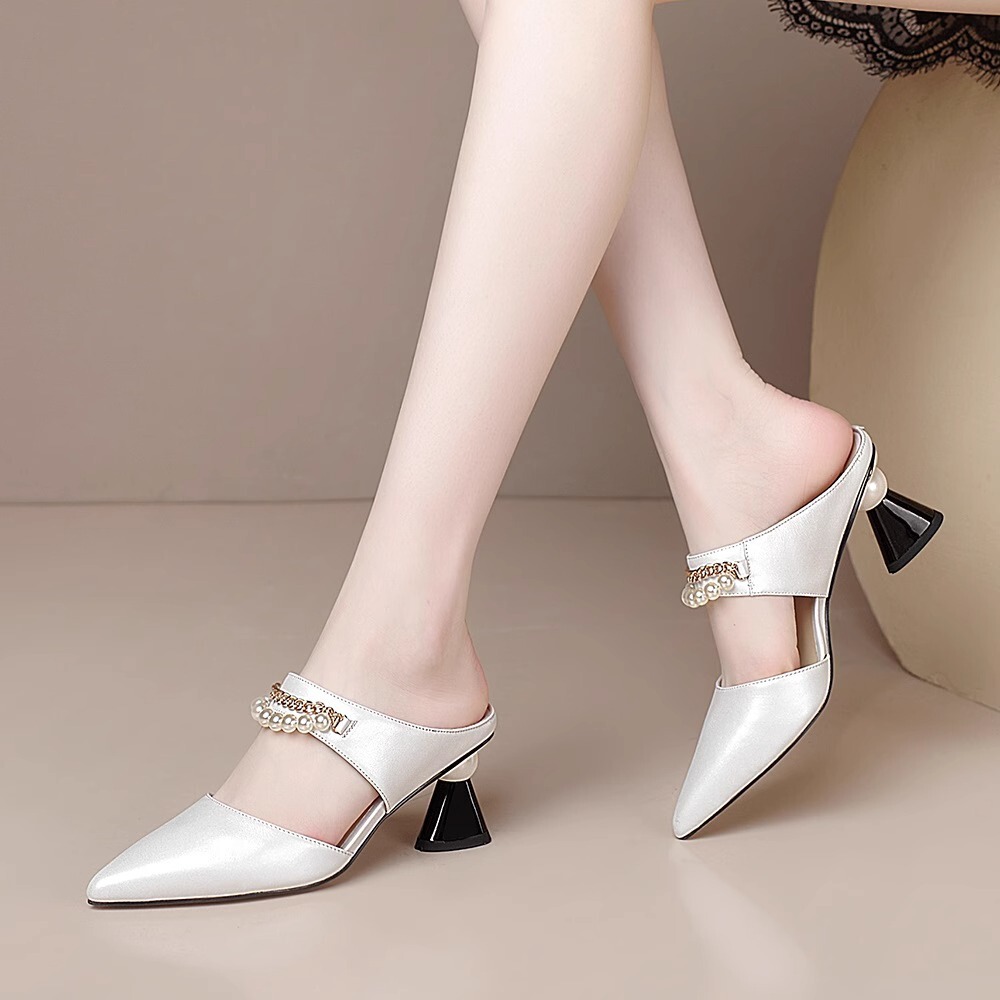Sandal cao gót nữ mũi nhọn gót vuông đính chuỗi ngọc trai phong cách thanh lịch — Màu bạc, Màu trắng