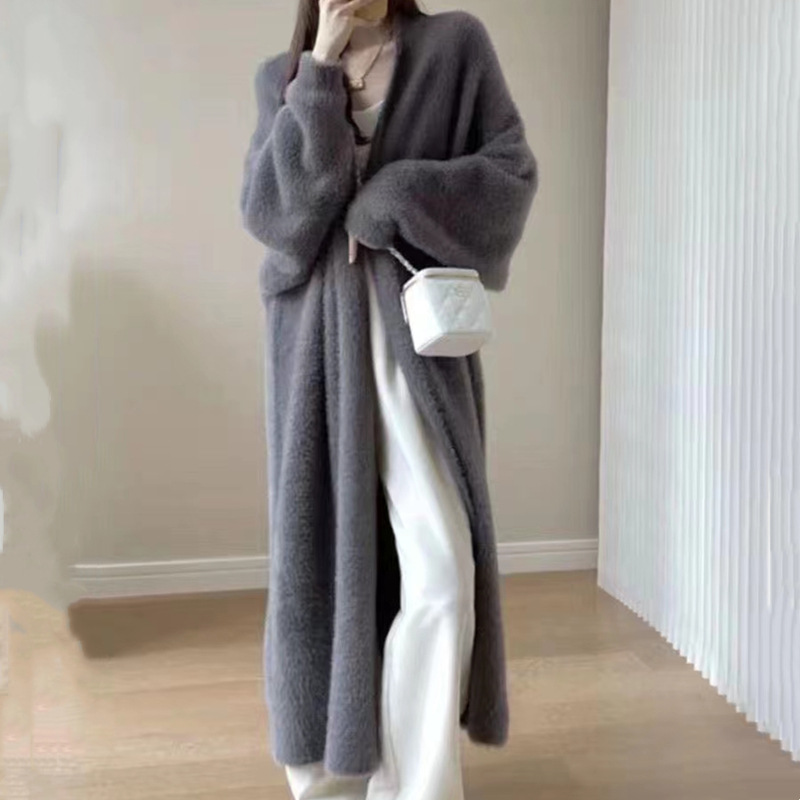 秋冬过膝仿水貂绒针织开衫女韩版宽松中长款慵懒风软糯毛衣外套女