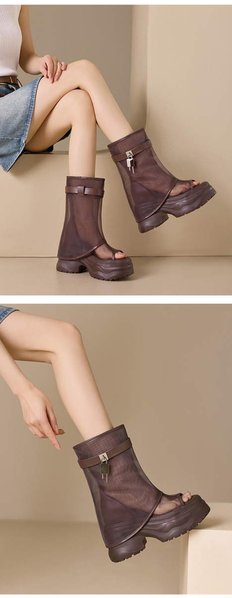 Boot nữ cổ trung lưới khoét hở phối da bò, đế dày tăng chiều cao — Đen có hình, màu đen, Màu nâu, Màu nâu có hình