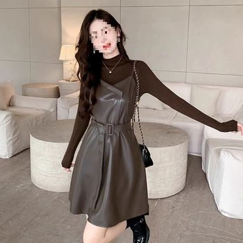 Long-Sleeved Waist-Cinching Fashionable Chunzi 2025 Slim Two-Piece Dress for Small Women Autumn and Winter New Leather