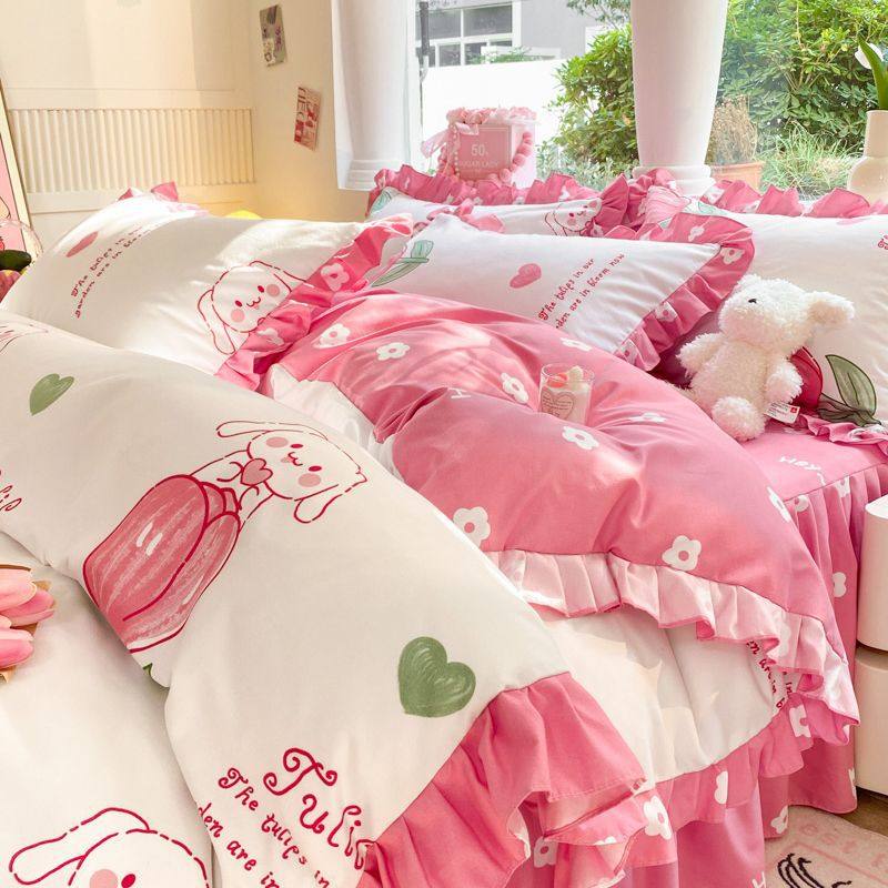 Korean Ins Princess Style A-Grade Maternal and Infant Grade Bed Skirt Four-Piece Set Washed Cotton Brushed Bed Bed Sheets Quilt Cover Dormitory Three-Piece Set