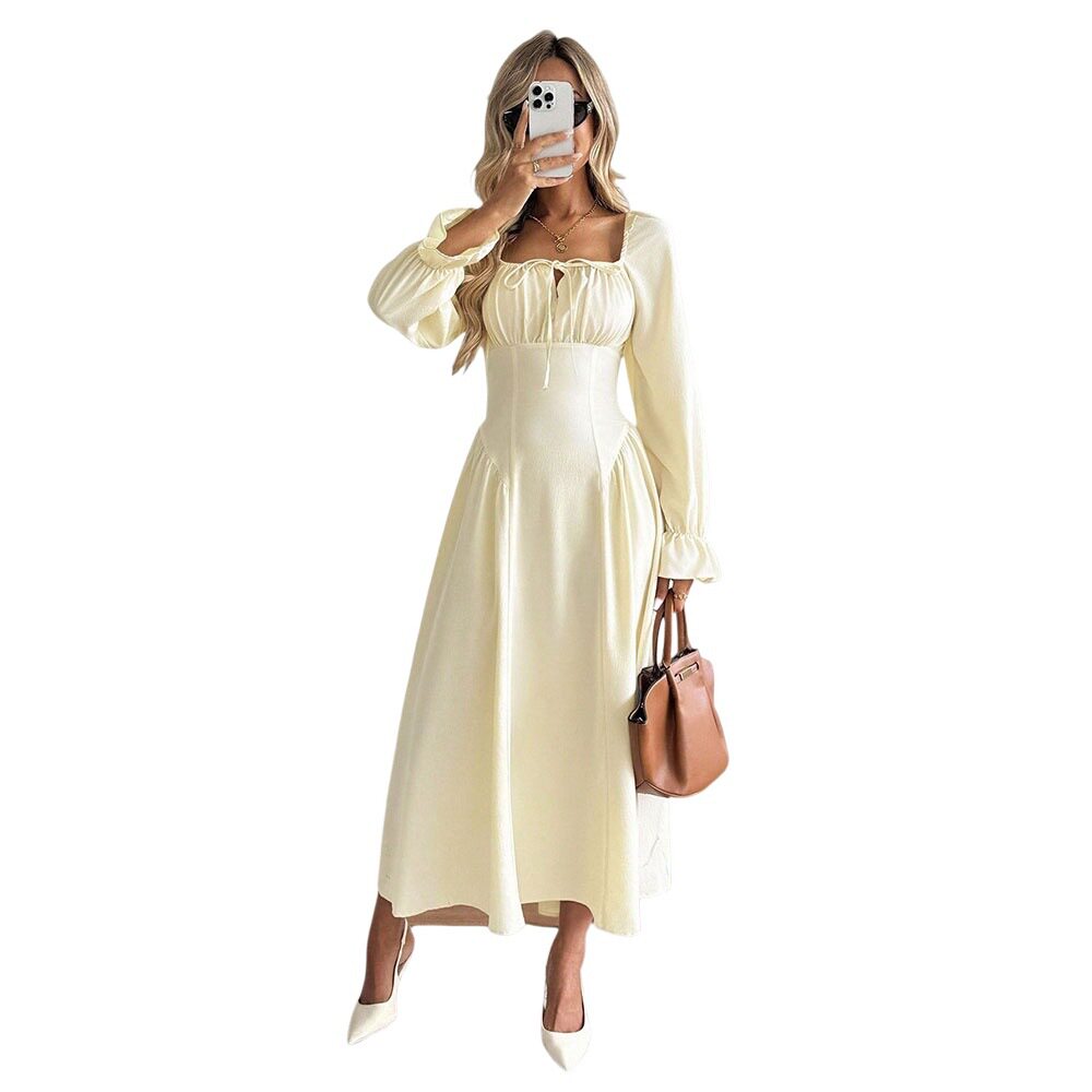 Womens A Line Long Sleeve Dress Square Neck Tie Waist Pleated Flattering Fit Elegant Casual Wear for Spring Fall